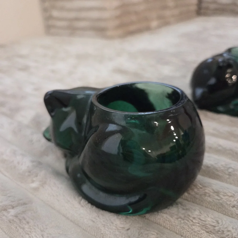 Lot of 2 Vintage Indiana Glass Emerald Green Sleeping Cat Votive Candle